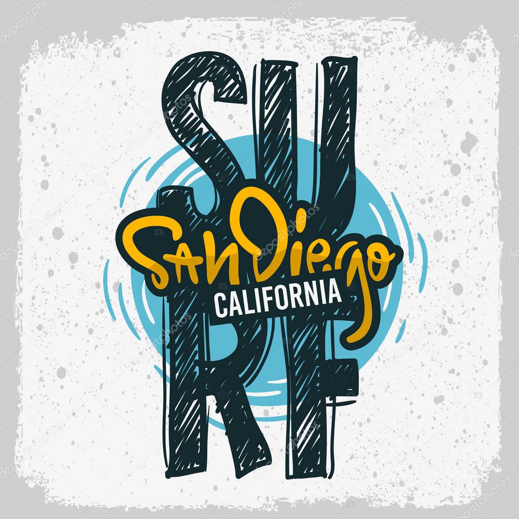 San Diego California Surfing Surf Design Hand Drawn Lettering Type Logo Sign Label for Promotion Ads t shirt or sticker Poster Vector Image.