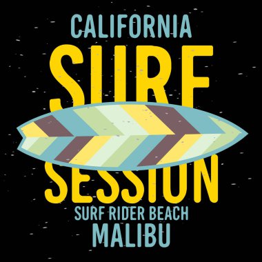 Malibu Surf binici Beach California sörf sörf işareti etiket promosyon reklamları t gömlek ya da etiket Poster afiş tasarım vektör görüntüsü için.