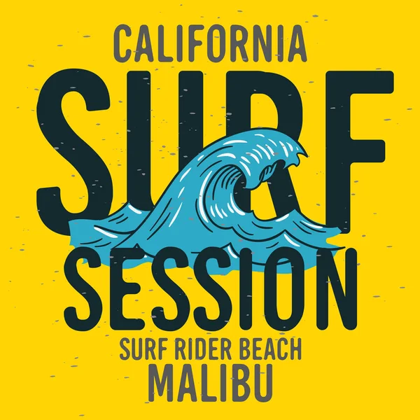 Malibu Surf Rider Beach California szörfözés szörf tipográfiai Design jel címkéről hirdetések promóciós póló és a matrica, plakát, szórólap vektor kép. — Stock Vector