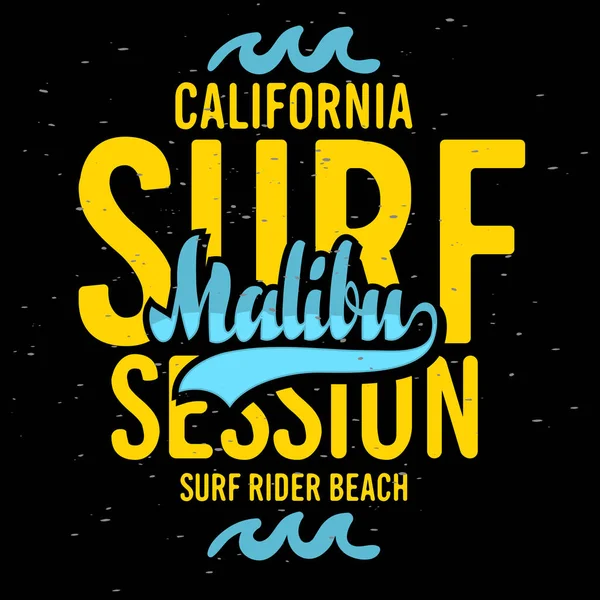 Malibu Surf Rider Beach California szörfözés szörf tipográfiai Design jel címkéről hirdetések promóciós póló és a matrica, plakát, szórólap vektor kép. — Stock Vector