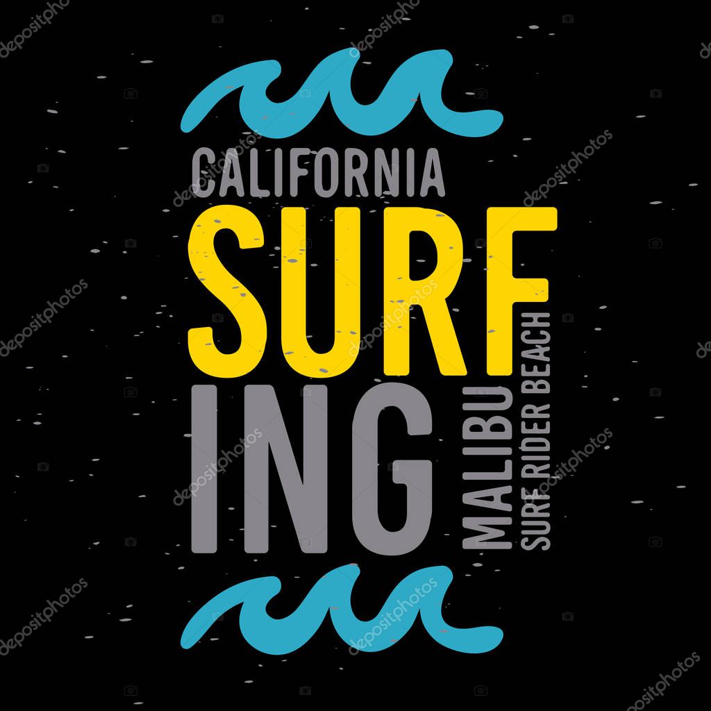 Malibu Surf Rider Beach California Surfing Surf Typographic Type Design Sign Label for Promotion Ads t shirt or sticker Poster Flyer Vector Image