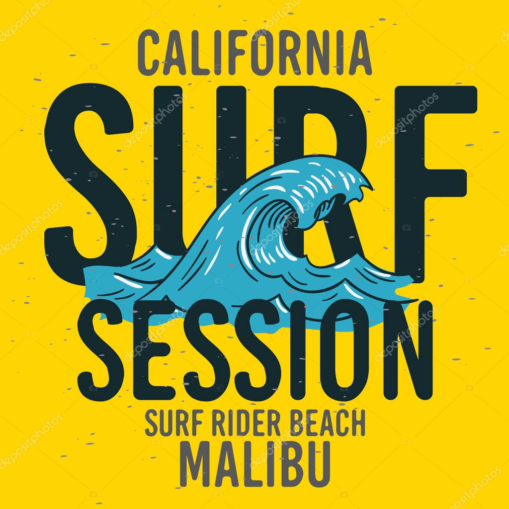 Malibu Surf Rider Beach California Surfing Surf Typographic Type Design Sign Label for Promotion Ads t shirt or sticker Poster Flyer Vector Image