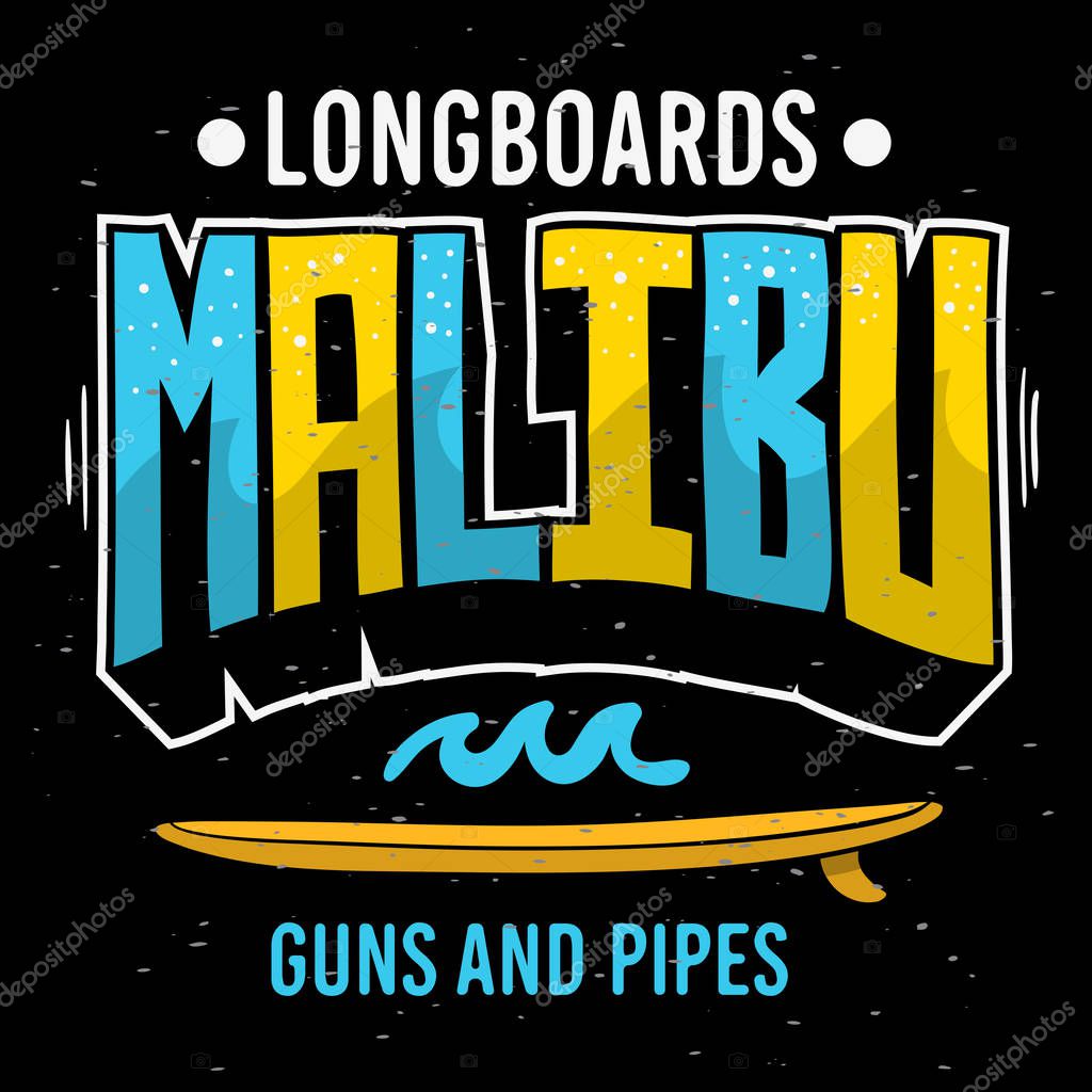 Malibu Surfing Surf Themed Graphics for Promotion Ads t shirt or sticker Poster Flyer Design Vector Image