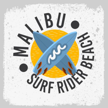 Malibu Surf binici Beach California sörf sörf tasarım ile A Surfboards Logo işareti için etiket promosyon reklamları t gömlek ya da etiket Poster vektör görüntü.