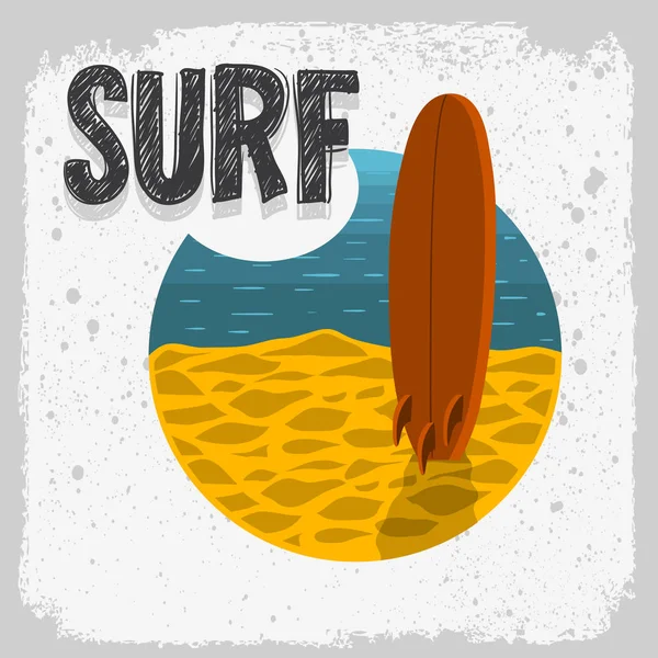 Surf Surf Design com uma placa de surf na praia mão desenhada Lettering Tipo Logo Sign Label for Promotion Ads t-shirt ou adesivo Poster Vector Image . — Vetor de Stock