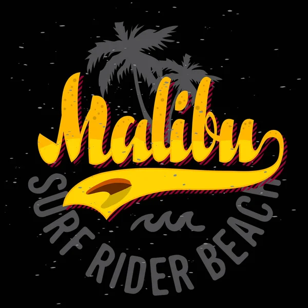 Malibu Surf Rider Beach California Surfing Surf Design Logo Sign Label for Promotion Anúncios t-shirt ou adesivo Poster Flyer Vector Imagem . — Vetor de Stock