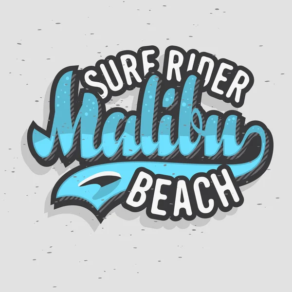 Malibu Surf Rider Beach California szörfözés Surf Design Logo jel címke hirdetések promóciós póló és a matrica, plakát, szórólap vektor kép. — Stock Vector