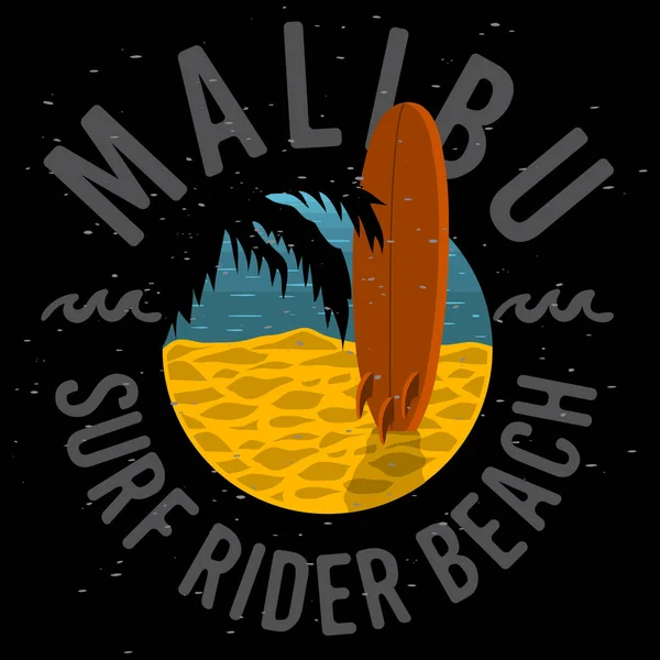 Malibu Surf Rider Beach California Surfing Surf Design Logo Sign Label for Promotion Anúncios t-shirt ou adesivo Poster Flyer Vector Imagem . — Vetor de Stock