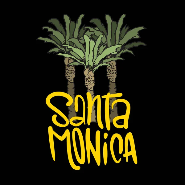 Santa Monica California Design With Palm Trees Logo Sign Label for Promotion Ads camiseta o pegatina Poster Flyer Vector Image . — Archivo Imágenes Vectoriales