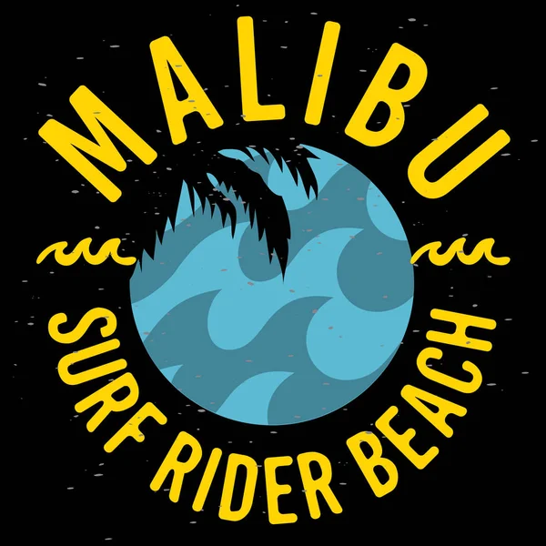 Malibu Surf Rider Beach California Surfing Surf Design Logo Sign Label for Promotion Anúncios t-shirt ou adesivo Poster Flyer Vector Imagem . — Vetor de Stock