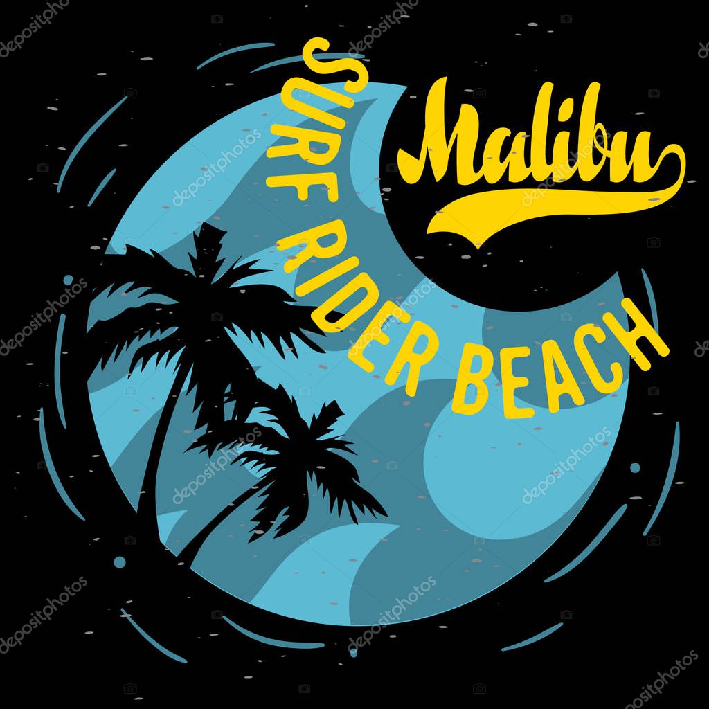 Malibu Surf Rider Beach California Surfing Surf Design Logo Sign Label for Promotion Ads t shirt or sticker Poster Flyer Vector