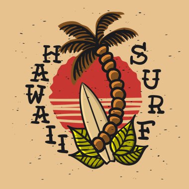 Sörf sörf temalı Hawaii el çizilmiş geleneksel eski okul dövme estetik etkisinde sanat çizim Vintage ilham illüstrasyon t gömlek baskı ya da etiket Poster afiş tasarım vektör görüntüsü için.