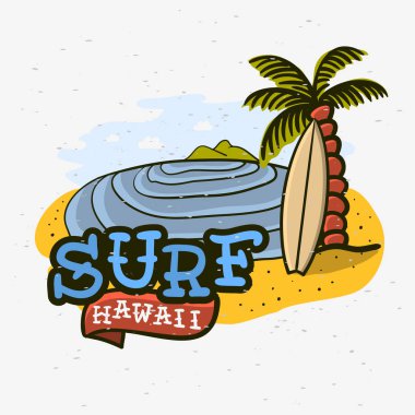 Sörf sörf temalı Hawaii el çizilmiş geleneksel eski okul dövme estetik etkisinde sanat çizim Vintage ilham illüstrasyon t gömlek baskı ya da etiket Poster afiş tasarım vektör görüntüsü için.