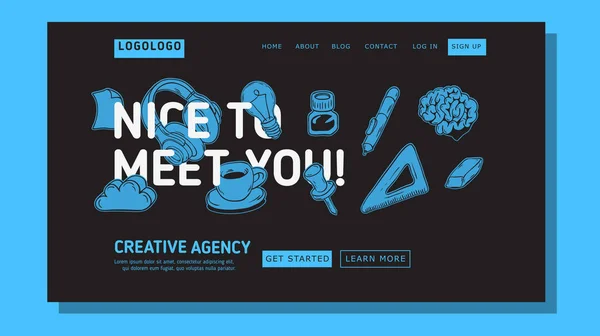 Creative Agency Office lądowania przykład stronę atrapa Design dla sieci Web z artystyczne ręcznie rysowane grafiki liniowej ilustracje rysunki olejki powiązanych obiektów każdego dnia, narzędzia pracy. Grafika wektorowa. — Wektor stockowy