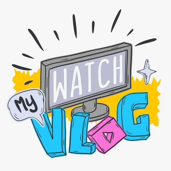 Vlog Video Blog sociální Media Cartoon styl designu Sledujte mé Vlog volání akce vektorové grafiky — Stockový vektor