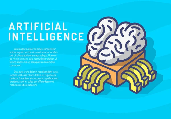 Illustrazione divertente del fumetto disegnato a mano di progettazione a tema di intelligenza artificiale con il chip del processore del computer Cpu e il luogo grafico vettoriale del concetto di cervello umano per il messaggio di testo — Vettoriale Stock