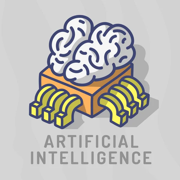 Illustrazione divertente del fumetto disegnato a mano di progettazione a tema di intelligenza artificiale con il chip del processore del computer Cpu e la grafica vettoriale del concetto del cervello umano — Vettoriale Stock