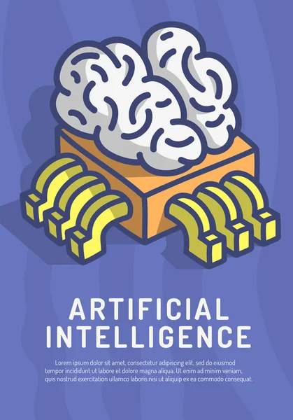 Illustrazione divertente del fumetto disegnato a mano di progettazione a tema di intelligenza artificiale con il chip del processore del computer Cpu e la grafica del vettoriale del poster del concetto del cervello umano — Vettoriale Stock