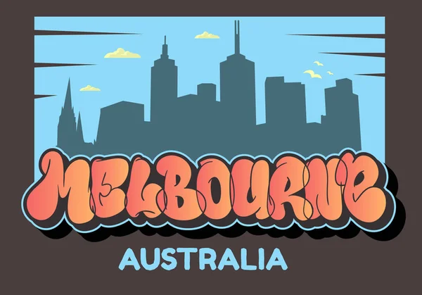 Melbourne australien stadtbild stadtsilhouette stadtkarte flyer poster handgezeichnet schriftzug typ design werfen blasen graffiti vektorgrafik — Stockvektor