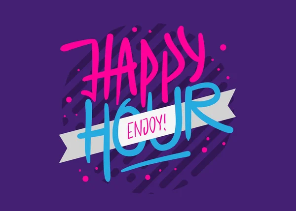 Happy Hour etikett logga logotyp handritad borste bokstäver kalligrafi typ Design vektorbild — Stock vektor