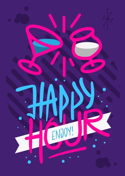 Happy Hour Poster Flyer Design Hand Drawn Brush Lettering Calligraphy Type  Vector Graphic - Stok Vektor