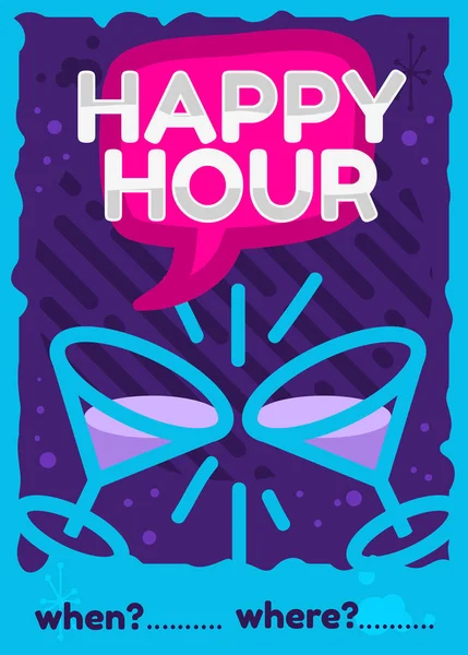 Happy Hour Poster Flyer Design Rosa Céu Azul Roxo Cores Vetor Gráfico — Vetor de Stock