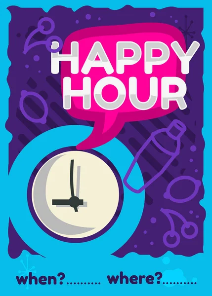 Happy Hour Poster Flyer Design Rosa Céu Azul Roxo Cores Vetor Gráfico — Vetor de Stock