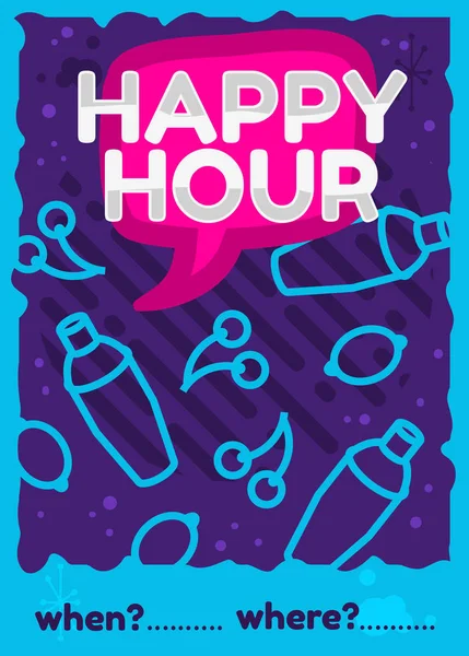 Happy Hour plakat ulotki projekt różowy niebieski niebo kolory fioletowy grafika wektorowa — Wektor stockowy