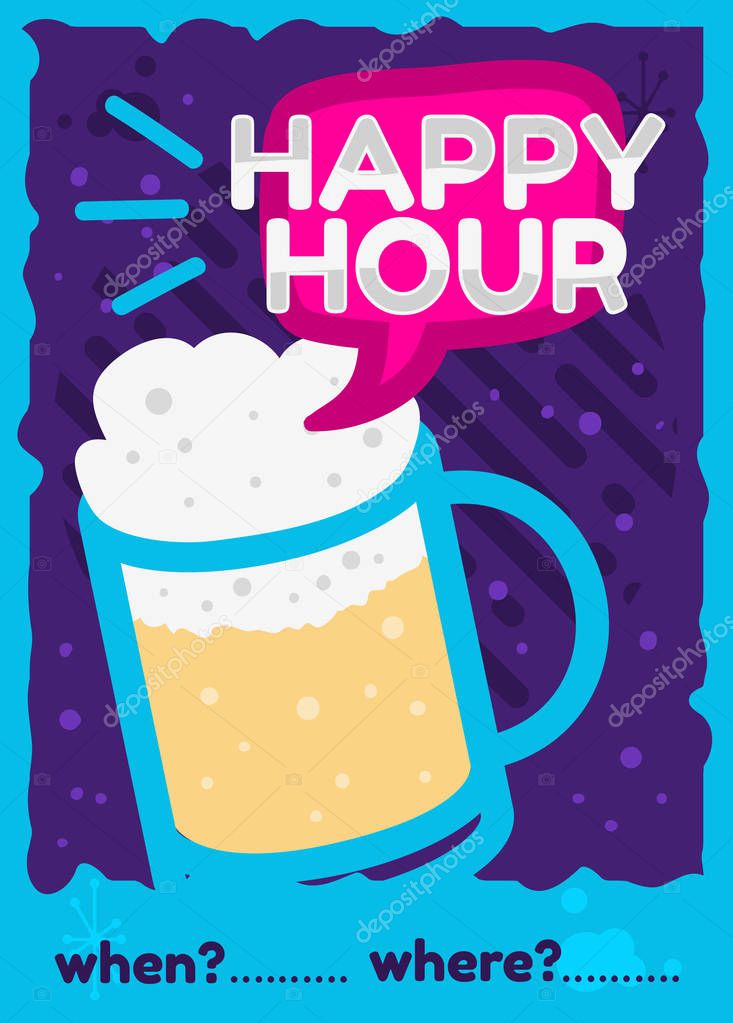 Happy Hour Poster Flyer Design Pink Sky Blue Purple Colors Vector Graphic