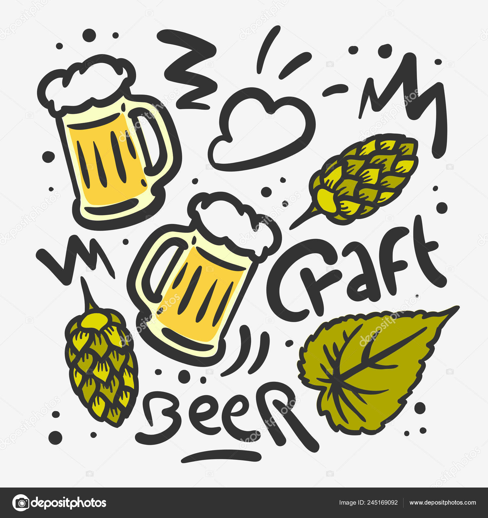 Craft Beer Hand Drawn Vector Design With Mugs Of Beer Hops Leaves Illustrations Stock Vector Image By C Anton345