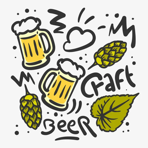 Zanaat bira elle çizilmiş vektör tasarımı bira kupaları ile yaprakları illüstrasyonlar şerbetçiotu