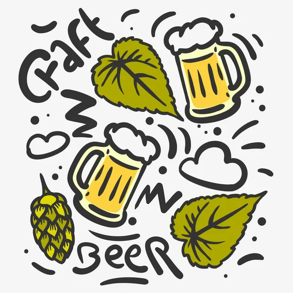 Diseño de vectores dibujado a mano de cerveza artesanal con tazas de lúpulo de cerveza deja ilustraciones — Vector de stock