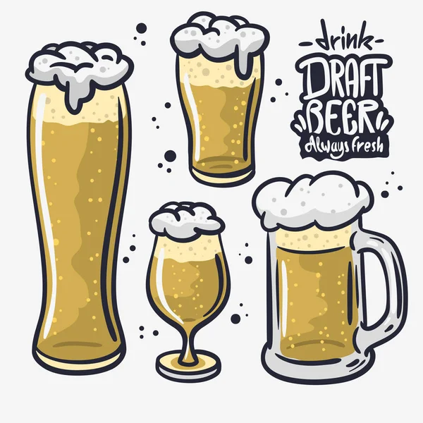 Ontwerp bier Hand Drawn Vector Design verschillende glazen bier op een witte achtergrond — Stockvector