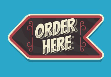 Burada ok işareti tipografik Vintage iş işareti vektör tasarım etkiledi sipariş 