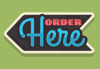 Burada ok işareti tipografik Vintage iş işareti vektör tasarım etkiledi sipariş 