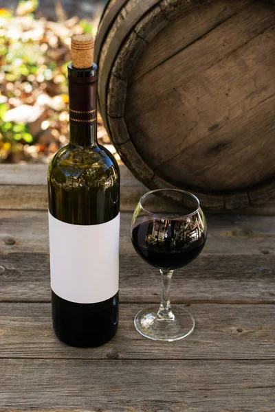 Red Wine Bottle Wine Glass Wodden Barrel — Stock Photo, Image