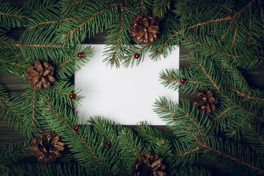 Kağıt kartla Noel ağacı dallarından yapılmış yaratıcı bir düzen. Düz yatıyordu. Doğa Yeni Yıl Konsepti.