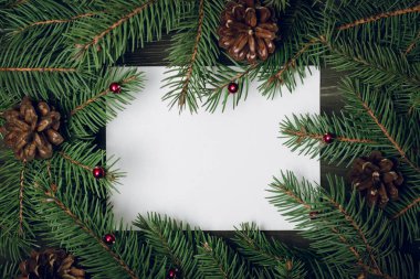 Kağıt kartla Noel ağacı dallarından yapılmış yaratıcı bir düzen. Düz yatıyordu. Doğa Yeni Yıl Konsepti.