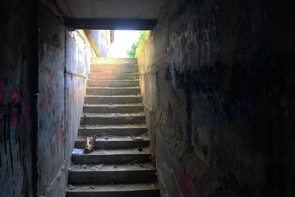 Straight stairs to the light. Allegory of the transition to the modern and promising future of the world. Humanity is entering a new ecological and educational path.