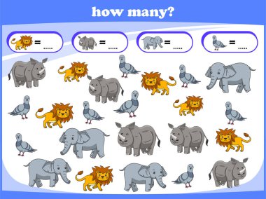 Çocuklar vahşi hayvanları sayıyor. Saymayı öğren. Vektör illüstrasyonu