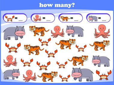 Çocuklar vahşi hayvanları sayıyor. Saymayı öğren. Vektör illüstrasyonu