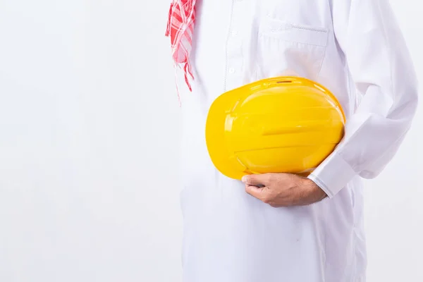 Arab Engineer Holding Yellow Helmet Construction Controling White Background Copy — Stock Photo, Image