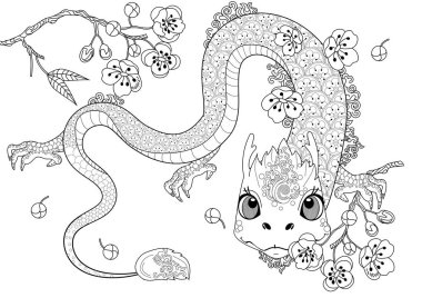 Sanat terapisi için boyama sayfaları. Asya 'nın hayvanları ve çiçekleri serisi. Efsanevi hayvan ejderhası. Renkli sayfalarla dolu bir dünya turu ile rahatlatıcı ve eğitici bir yolculuk.