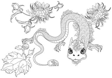 Sanat terapisi için boyama sayfaları. Asya 'nın hayvanları ve çiçekleri serisi. Efsanevi hayvan ejderhası. Renkli sayfalarla dolu bir dünya turu ile rahatlatıcı ve eğitici bir yolculuk.