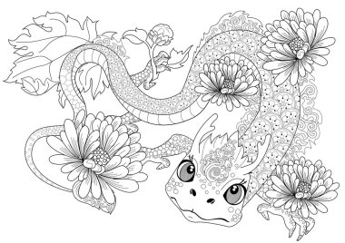 Sanat terapisi için boyama sayfaları. Asya 'nın hayvanları ve çiçekleri serisi. Efsanevi hayvan ejderhası. Renkli sayfalarla dolu bir dünya turu ile rahatlatıcı ve eğitici bir yolculuk.