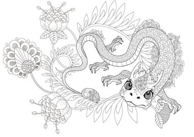 Sanat terapisi için boyama sayfaları. Asya 'nın hayvanları ve çiçekleri serisi. Efsanevi hayvan ejderhası. Renkli sayfalarla dolu bir dünya turu ile rahatlatıcı ve eğitici bir yolculuk.
