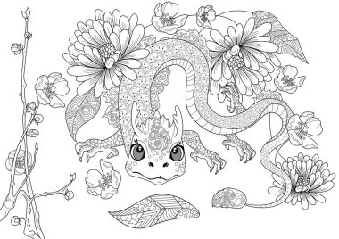 Sanat terapisi için boyama sayfaları. Asya 'nın hayvanları ve çiçekleri serisi. Efsanevi hayvan ejderhası. Renkli sayfalarla dolu bir dünya turu ile rahatlatıcı ve eğitici bir yolculuk.