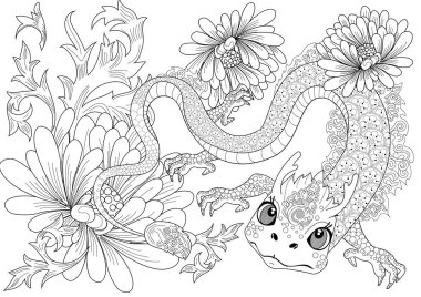 Sanat terapisi için boyama sayfaları. Asya 'nın hayvanları ve çiçekleri serisi. Efsanevi hayvan ejderhası. Renkli sayfalarla dolu bir dünya turu ile rahatlatıcı ve eğitici bir yolculuk.