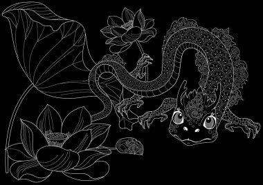 Sanat terapisi için boyama sayfaları. Asya 'nın hayvanları ve çiçekleri serisi. Efsanevi hayvan ejderhası. Renkli sayfalarla dolu bir dünya turu ile rahatlatıcı ve eğitici bir yolculuk.