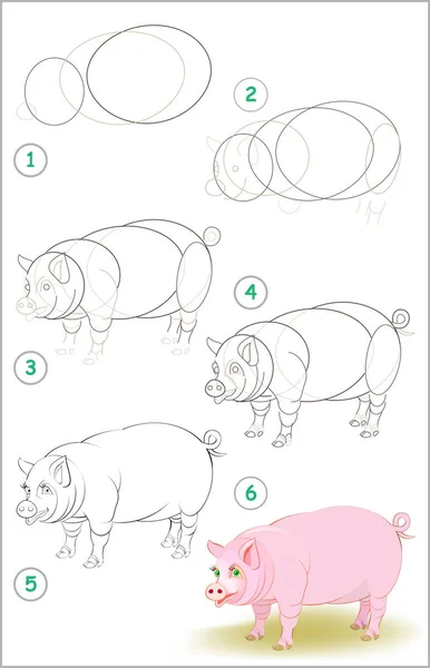 Сторінці Показано Навчитися Крок Кроком Малювати Милого Свиню Розвиток Навичок — стоковий вектор